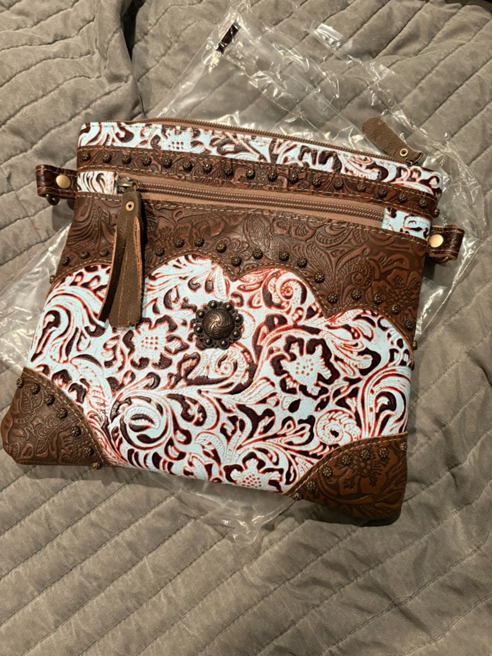 MYRA Brown Tooled Floral Crossbody Bag with Baby blue & Brown Pattern